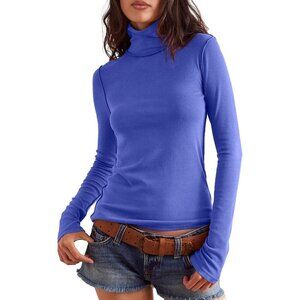 Women's Undershirts All Blue Long Shirt Sleeve Ribbed Fit Slim Top Tees